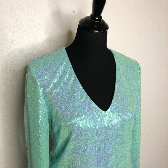Badgley Mischka aqua sequin v neck tunic top size Extra Small XS NWT mermaid - Picture 3 of 16